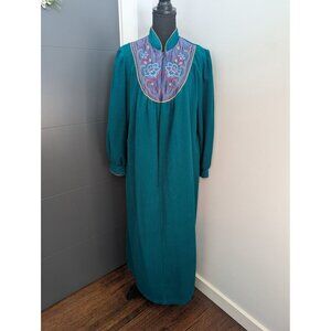 Vintage Teal Long-Sleeve House Dress Embroidered Floral Bodice & Mandarin Collar